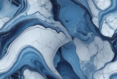 The primary subject of the image is a blue and white marble pattern. The setting is a white marble surface, which serves as the background. The visual style is a close-up of the marble pattern, showcasing its intricate details. The colors and mood of the image are predominantly blue and white, creating a sense of elegance and sophistication.