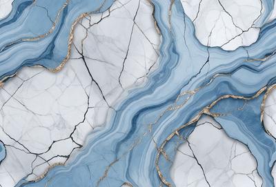 The primary subject of the image is a marble-like surface with gold accents. The setting is a white marble countertop, and the visual style is a combination of photo and digital art. The colors and mood of the image are predominantly blue and gold, creating a luxurious and elegant atmosphere.