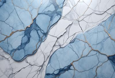 The primary subject of the image is a marble countertop with a blue and white pattern. The setting is a kitchen, and the visual style is a photo. The dominant colors are blue and white, creating a clean and elegant atmosphere.