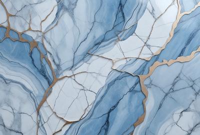 The primary subject of the image is a marble-like surface with a blue and gold color scheme. The setting is a wall with a patterned design, giving it a unique and artistic appearance. The visual style is a combination of digital art and illustration, creating a striking and eye-catching pattern. The colors and mood of the image are vibrant and luxurious, with the blue and gold tones evoking a sense of sophistication and elegance.