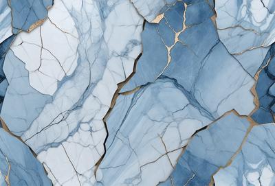 The primary subject of the image is a marble tile with a cracked and chipped appearance. The setting is a bathroom, and the visual style is a close-up of the marble tile. The colors and mood of the image are predominantly blue, with a slightly damaged and aged appearance.
