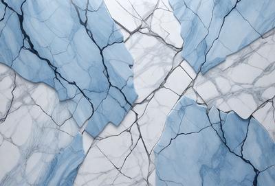 The primary subject of the image is a blue marble tile with a cracked pattern. The setting is a white surface, possibly a wall or table, where the tile is placed. The visual style is a close-up of the tile, showcasing its intricate design. The colors and mood of the image are predominantly blue, with the cracked pattern adding a sense of depth and texture to the tile.