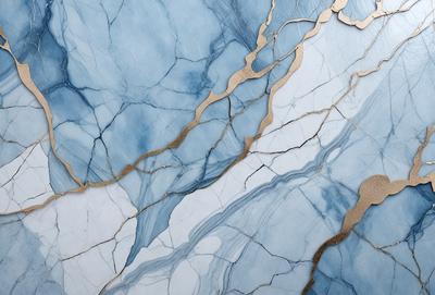The primary subject of the image is a marble countertop with a gold-colored design. The setting is a kitchen, and the visual style is a combination of photo and digital art. The countertop features a blue and gold marble pattern, giving it a luxurious and elegant appearance. The colors and mood of the image are predominantly blue and gold, creating a sophisticated and stylish atmosphere.