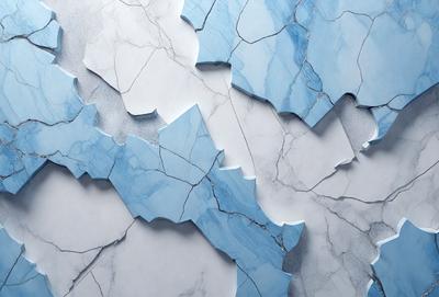 The primary subject of the image is a blue marble tile. The setting is a wall with a marble texture, and the visual style is a close-up of the tile. The dominant colors are blue and white, creating a clean and elegant atmosphere.
