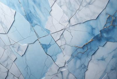 The primary subject of the image is a blue marble wall with a cracked and broken appearance. The setting is a room with a blue marble wall, and the visual style is a photo. The dominant colors are blue and white, creating a calm and serene atmosphere.