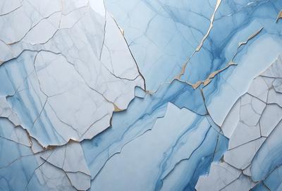 The primary subject of the image is a blue marble wall with a cracked and broken appearance. The setting is a room with a blue marble wall, and the visual style is a photo. The dominant colors are blue and white, creating a calm and serene atmosphere.