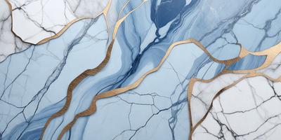 The primary subject of the image is a blue and gold marble-like pattern. The setting is a white marble countertop, and the visual style is a combination of digital art and illustration. The dominant colors are blue and gold, creating a luxurious and elegant atmosphere.