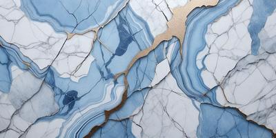 The primary subject of the image is a marble wall with a gold-colored border. The setting is a room with a blue and white marble wall, and the visual style is a combination of a photo and digital art. The dominant colors are blue, white, and gold, creating a luxurious and elegant atmosphere.