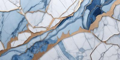 The primary subject of the image is a marble countertop with a gold-colored design. The setting is a kitchen, and the visual style is a combination of photo and digital art. The countertop features a blue and gold pattern, and the overall atmosphere is elegant and sophisticated.