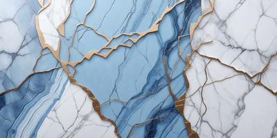 The primary subject of the image is a blue and gold marble wall. The setting is a room with a blue and gold marble wall, which serves as the background. The visual style is a combination of a photo and digital art, creating a unique and intricate design. The dominant colors are blue and gold, giving the wall a luxurious and elegant appearance.