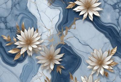 The primary subject of the image is a close-up of a flower, which is the main object of the scene. The setting is a blue marble surface, which serves as the backdrop for the flower. The visual style of the image is a combination of photo and digital art, creating a realistic yet artistic representation of the flower. The dominant colors in the image are blue and gold, giving the overall atmosphere a sense of elegance and sophistication.