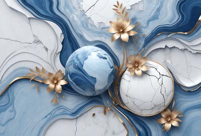 The primary subject of the image is a blue and gold globe, which is the main object in the scene. The setting is a white marble surface, and the visual style is a combination of photo and digital art. The colors and mood of the image are predominantly blue and gold, creating a sense of elegance and sophistication.