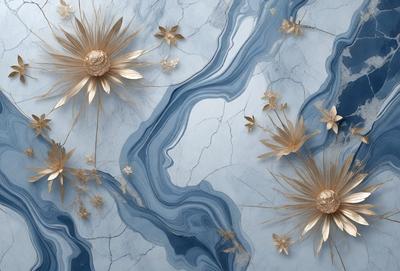 The primary subject of the image is a close-up of a gold flower, which is the main object of focus. The setting is a blue marble surface, which serves as the backdrop for the flower. The visual style of the image is a combination of photo and digital art, creating a unique and artistic representation of the flower. The dominant colors in the image are gold and blue, giving the scene a warm and calming atmosphere.