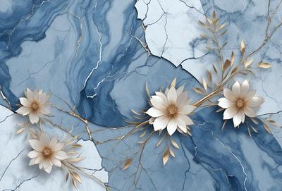 The primary subject of the image is a beautiful arrangement of white flowers, which are the main focus of the scene. The flowers are placed on a blue marble surface, creating a striking contrast between the flowers and the background. The visual style of the image is a combination of photo and digital art, giving it a unique and artistic appearance. The colors in the image are predominantly white and blue, creating a serene and calming atmosphere.