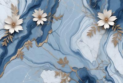 The primary subject of the image is a blue and white marble wall with a pattern of flowers and leaves. The setting is a room with a blue and white marble wall as the main focus. The visual style is a combination of digital art and illustration, creating a unique and artistic design. The dominant colors are blue and white, giving the wall a clean and elegant appearance. The overall atmosphere is one of sophistication and beauty.