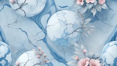 The primary subject of the image is a blue and white vase with a cracked surface. The vase is placed on a blue background, which adds to the overall visual style. The colors and mood of the image are predominantly blue and white, creating a calm and serene atmosphere.