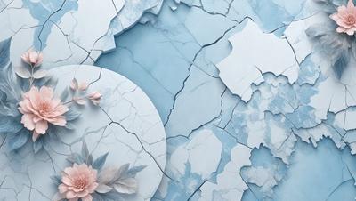 The primary subject of the image is a white plate with a pink flower on it. The plate is placed on a blue surface, which could be a wall or a table. The visual style of the image is a combination of photo and digital art, creating a unique and artistic representation of the flower and plate. The colors and mood of the image are predominantly blue and pink, giving it a calm and serene atmosphere.