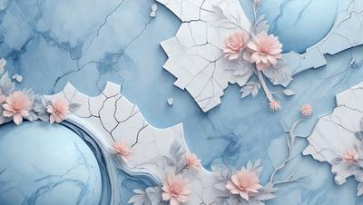 The primary subject of the image is a beautifully crafted artwork featuring a blue marble surface with a map of the world. The setting is a blue and white marble background, which adds to the visual style. The artwork is a combination of digital art and illustration, creating a unique and intricate design. The colors and mood of the image are predominantly blue and white, giving it a calm and serene atmosphere.