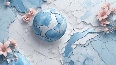 The primary subject of the image is a blue ball, which is placed on a cracked surface. The setting is a white background, and the visual style appears to be a combination of photo and digital art. The colors in the image are predominantly blue, and the overall atmosphere is somewhat eerie due to the cracked surface and the contrast between the blue ball and the white background.