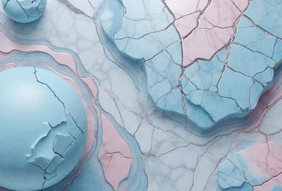 The primary subject of the image is a marble-like surface with a cracked and chipped appearance. The setting is a room with a blue and pink color scheme. The visual style is a combination of digital art and illustration, creating a unique and artistic representation of the marble surface. The colors and mood of the image are predominantly blue and pink, giving it a vibrant and lively atmosphere.