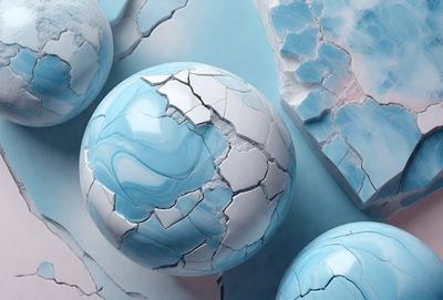 The primary subject of the image is a group of four blue and white marble balls. They are placed on a white surface, which could be a table or a countertop. The visual style of the image is a close-up of the marble balls, showcasing their intricate patterns and textures. The colors and mood of the image are predominantly blue and white, giving it a clean and elegant appearance.