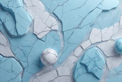 The primary subject of the image is a white ball placed on a blue surface, which appears to be a marble or stone-like material. The setting is a blue and white patterned surface, possibly a wall or a table. The visual style of the image is a combination of photo and digital art, creating a unique and intriguing appearance. The colors and mood of the image are predominantly blue and white, giving it a calm and serene atmosphere.