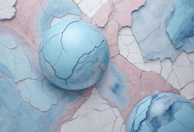 The primary subject of the image is a blue egg, which is placed on a surface with cracks and chips. The setting is a rocky, textured background, and the visual style appears to be a combination of photo and digital art. The dominant colors are blue and pink, creating a contrasting and visually interesting scene.