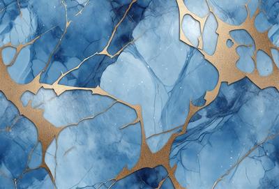 The primary subject of the image is a blue and gold marbled wallpaper with a gold leaf pattern. The setting is a room with a blue background, and the visual style is a combination of digital art and illustration. The dominant colors are blue and gold, creating a luxurious and elegant atmosphere.