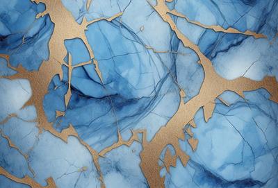 The primary subject of the image is a blue marble wall with gold accents. The setting is a room with a blue marble wall as the main focus. The visual style is a combination of a photo and digital art, creating a unique and intricate design. The dominant colors are blue and gold, giving the wall a luxurious and elegant appearance.