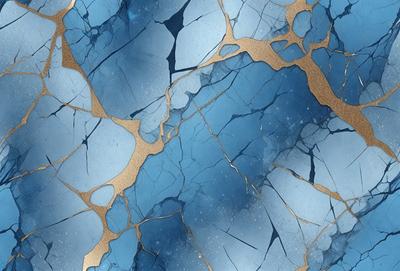 The primary subject of the image is a blue and gold patterned wallpaper. The setting is a blue and gold wallpapered room. The visual style is a close-up of the wallpaper, showcasing the intricate design. The dominant colors are blue and gold, creating a warm and inviting atmosphere.