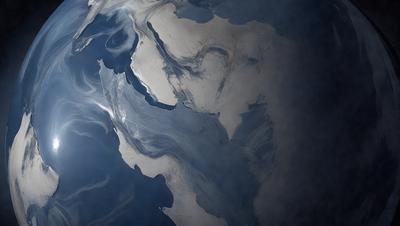 The primary subject of the image is a painting of a blue and white ocean. The setting is a dark, cloudy sky, which creates a moody atmosphere. The visual style is a painting, and the colors are predominantly blue and white. The painting captures the beauty of the ocean and the vastness of the sky.