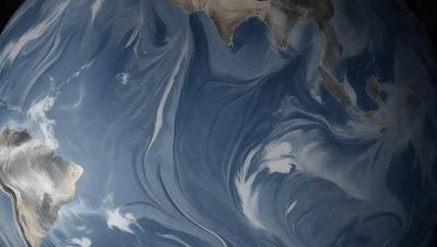 The primary subject of the image is a painting of a blue ocean with waves. The setting is a blue ocean surface, and the visual style is a painting. The dominant colors are blue and white, creating a serene and calming atmosphere.