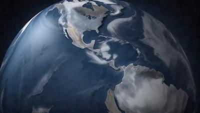 The primary subject of the image is a blue and white globe of the Earth. The setting is a black background, which contrasts with the Earth globe. The visual style is a digital art or illustration, as the Earth globe is depicted in a detailed and artistic manner. The colors and mood of the image are predominantly dark and moody, with the blue and white Earth globe being the main focal point.