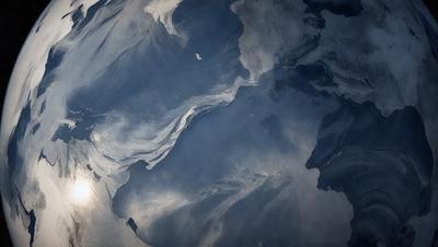The primary subject of the image is a large body of water, possibly an ocean or a large lake. The water appears to be dark and murky, with a blue hue. The setting is a vast expanse of water, with no visible land or shoreline. The visual style of the image is a close-up of the water, showcasing its depth and texture. The colors and mood of the image are dark and moody, creating a sense of mystery and depth.