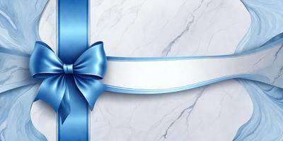 The primary subject of the image is a blue bow, which is tied around a package. The setting is a marble surface, which serves as the backdrop for the bow. The visual style is a photo, capturing the details of the bow and the marble surface. The colors and mood of the image are predominantly blue, creating a sense of elegance and sophistication.