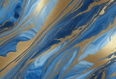 The primary subject of the image is a blue and gold swirling pattern, which appears to be a painting or a digital artwork. The setting is a blue and gold background, which complements the artwork. The visual style is a mix of digital art and painting, creating a unique and eye-catching design. The dominant colors are blue and gold, giving the artwork a vibrant and luxurious appearance.