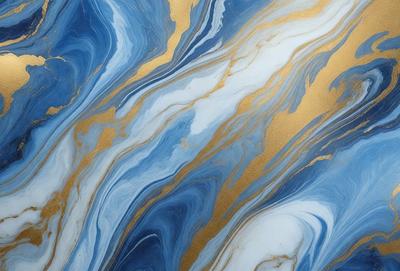 The primary subject of the image is a blue and gold marbled tile. The setting is a wall, and the visual style is a close-up of the tile. The dominant colors are blue and gold, creating a rich and luxurious atmosphere.