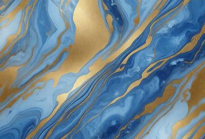 The primary subject of the image is a blue and gold marbled wallpaper with a gold and blue swirl pattern. The setting is a room with a blue and gold marbled wallpaper, which creates a visually appealing and luxurious atmosphere. The visual style is a close-up of the wallpaper, showcasing the intricate design and colors. The dominant colors are blue and gold, with the gold adding a touch of warmth and sophistication to the overall mood of the image.