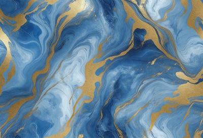 The primary subject of the image is a blue and gold marbled wallpaper with a gold and blue color scheme. The setting is a room with a blue and gold marbled wallpaper, which creates a luxurious and elegant atmosphere. The visual style is a close-up of the wallpaper, showcasing its intricate design and patterns. The colors and mood of the image are rich and sophisticated, with the blue and gold hues evoking a sense of luxury and refinement.