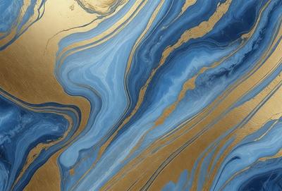 The primary subject of the image is a blue and gold swirling pattern, which appears to be a painting or a digital artwork. The setting is a blue and gold background, which complements the swirling pattern. The visual style is a mix of digital art and painting, creating a unique and eye-catching design. The dominant colors are blue and gold, giving the image a vibrant and lively atmosphere.