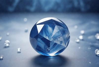 The primary subject of the image is a large, blue, crystal-like sphere. The setting is a blue background, which creates a striking contrast with the blue sphere. The visual style appears to be a digital art or illustration, as the sphere is depicted in a detailed and realistic manner. The colors and mood of the image are predominantly blue, giving it a calm and serene atmosphere.