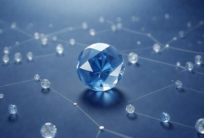 The primary subject of the image is a large blue crystal, which is the main focus of the scene. The setting is a blue background, which provides a contrasting and visually appealing backdrop for the crystal. The visual style of the image is a combination of photo and digital art, creating a unique and eye-catching representation of the crystal. The colors and mood of the image are predominantly blue, which adds to the overall atmosphere and aesthetic appeal of the scene.