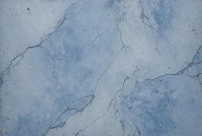 The primary subject of the image is a blue marble wall with a cracked and textured surface. The setting is a room with a blue tiled floor. The visual style is a close-up of the wall, showcasing its unique texture and color. The dominant colors are blue and white, creating a calm and serene atmosphere.