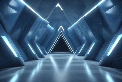The primary subject of the image is a long, narrow hallway with a blue and white color scheme. The setting is a futuristic environment, possibly a space station or a high-tech facility. The visual style is a combination of photo and digital art, creating a unique and intriguing atmosphere. The dominant colors are blue and white, with a few other colors present in the scene. The overall mood of the image is mysterious and captivating, inviting the viewer to explore the unknown depths of the hallway
