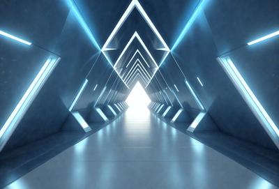 The primary subject of the image is a long, narrow hallway with a blue lighting effect. The hallway is lined with rows of lights, creating a visually striking and futuristic atmosphere. The setting is a large, open space with a white background, which further emphasizes the blue lighting. The visual style of the image is a combination of digital art and photography, resulting in a unique and captivating scene. The colors and mood of the image are predominantly blue, with a hint of white,