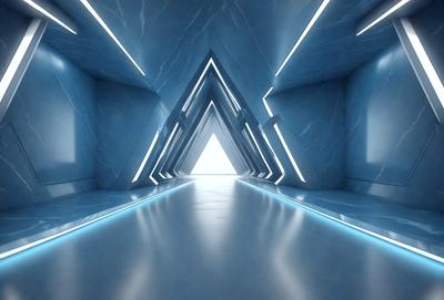 The primary subject of the image is a long, narrow hallway with a blue marble floor. The setting is a futuristic environment, possibly a space station or a high-tech building. The visual style is a combination of photo and digital art, creating a unique and intriguing atmosphere. The dominant colors are blue and white, giving the scene a sleek and modern appearance.