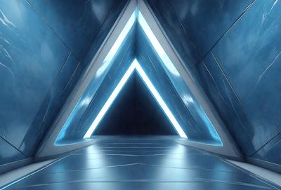 The primary subject of the image is a blue and white triangle. The setting is a dark room with a blue background. The visual style is a digital art or illustration, creating a futuristic and modern atmosphere. The dominant colors are blue and white, with the blue background and the white triangle creating a striking contrast.