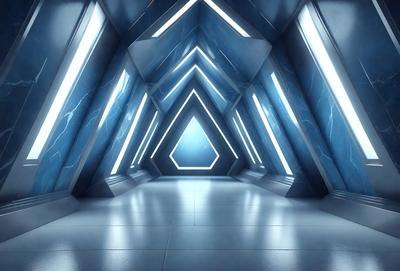 The primary subject of the image is a large, open, and empty room with a blue and white color scheme. The room features a patterned floor and walls, giving it a futuristic and modern appearance. The setting is a large, open space with a blue and white color scheme, and the visual style is a combination of photo and digital art. The colors and mood of the room are predominantly blue and white, creating a calm and serene atmosphere.