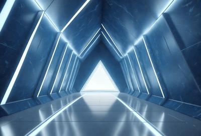 The primary subject of the image is a long, narrow hallway with a blue color scheme. The setting is a futuristic environment, possibly a space station or a high-tech building. The visual style is a combination of digital art and illustration, creating a unique and captivating atmosphere. The dominant colors are blue and white, giving the scene a clean and modern appearance.