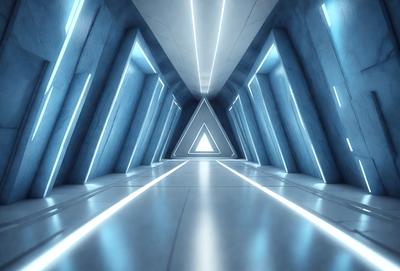 The primary subject of the image is a long, narrow hallway with a blue lighting effect. The setting is a futuristic environment, possibly a space station or a high-tech facility. The visual style is a combination of digital art and illustration, creating a unique and captivating atmosphere. The dominant colors are blue and white, giving the scene a cool and modern feel.